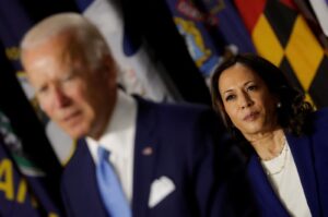 U.S. Vice President Kamala Harris looks on as President Joe Biden speaks at a campaign event, in Wilmington, Delaware, U.S., Aug. 12, 2020. (Reuters Photo)