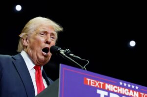Republican presidential nominee, former U.S. President Donald Trump speaks during a campaign rally at the Van Andel Arena in Grand Rapids, Michigan, U.S., July 20, 2024.