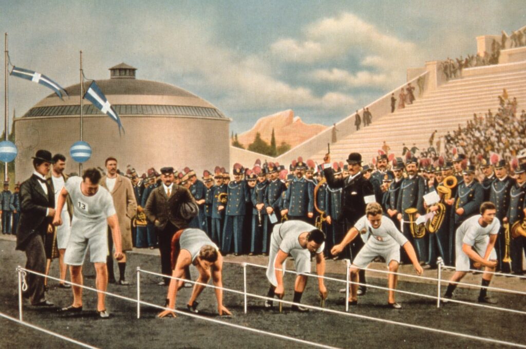The start of the 100 meters during the 1896 Olympic Games, in the Panathenaic Stadium, Athens, Greece. (Getty Images Photo)
