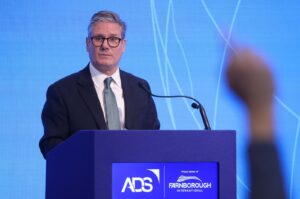 British Prime Minister Keir Starmer delivers a speech during the opening day of the Farnborough International Airshow in Farnborough, Britain, July 22, 2024. (EPA Photo)