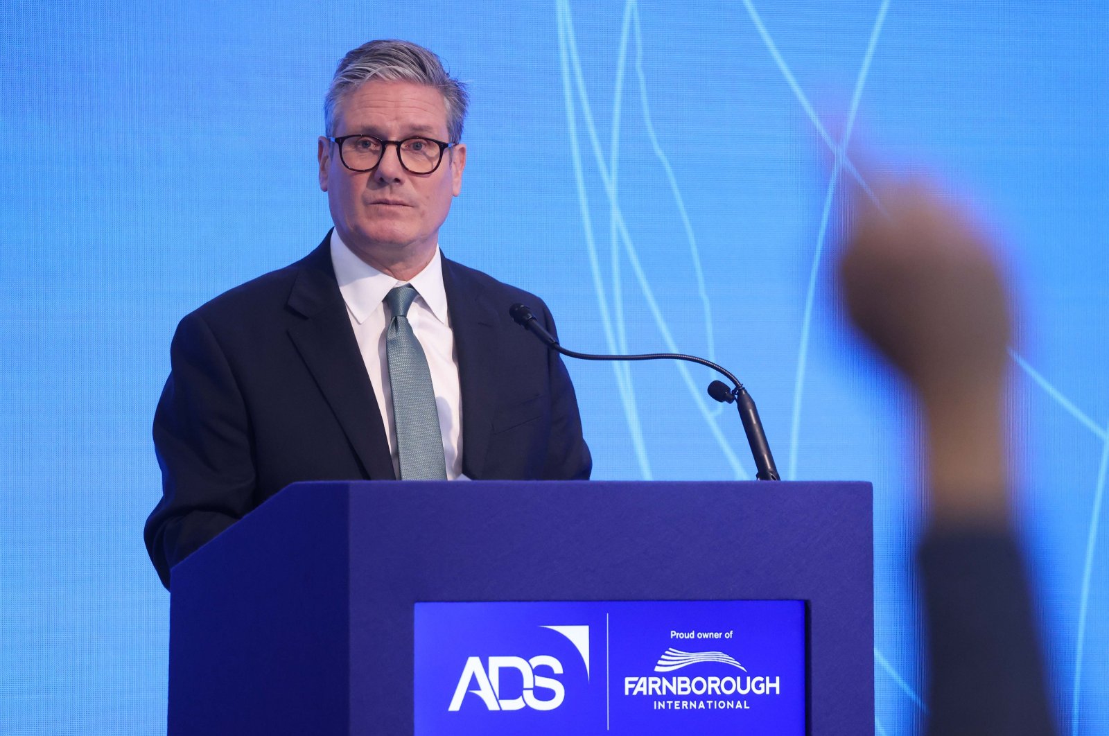 British Prime Minister Keir Starmer delivers a speech during the opening day of the Farnborough International Airshow in Farnborough, Britain, July 22, 2024. (EPA Photo)
