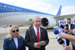 Israeli Prime Minister Benjamin Netanyahu speaks to the press before leaving for U.S., Tel Aviv, Israel, July 22, 2024. (DHA Photo)