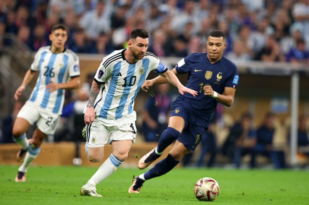 Argentina's Lionel Messi (L) and France's Kylian Mbappe vie for the ball during the FIFA World Cup Qatar 2022 Final match at Lusail Stadium, Lusail City, Qatar, Dec. 18, 2022. (Getty Images Photo)