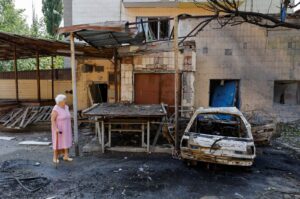 A woman walks at a site of a recent shelling, which local Russian-installed authorities called a Ukrainian military strike, in the course of Russia-Ukraine conflict in Donetsk, Russian-controlled Ukraine, July 22, 2024. (Reuters Photo)