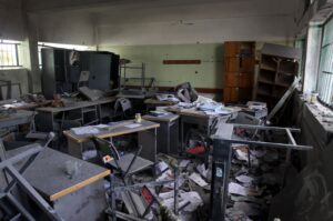 This undated photo shows a view of a classroom destroyed in Israeli attacks on Gaza, Palestine.
