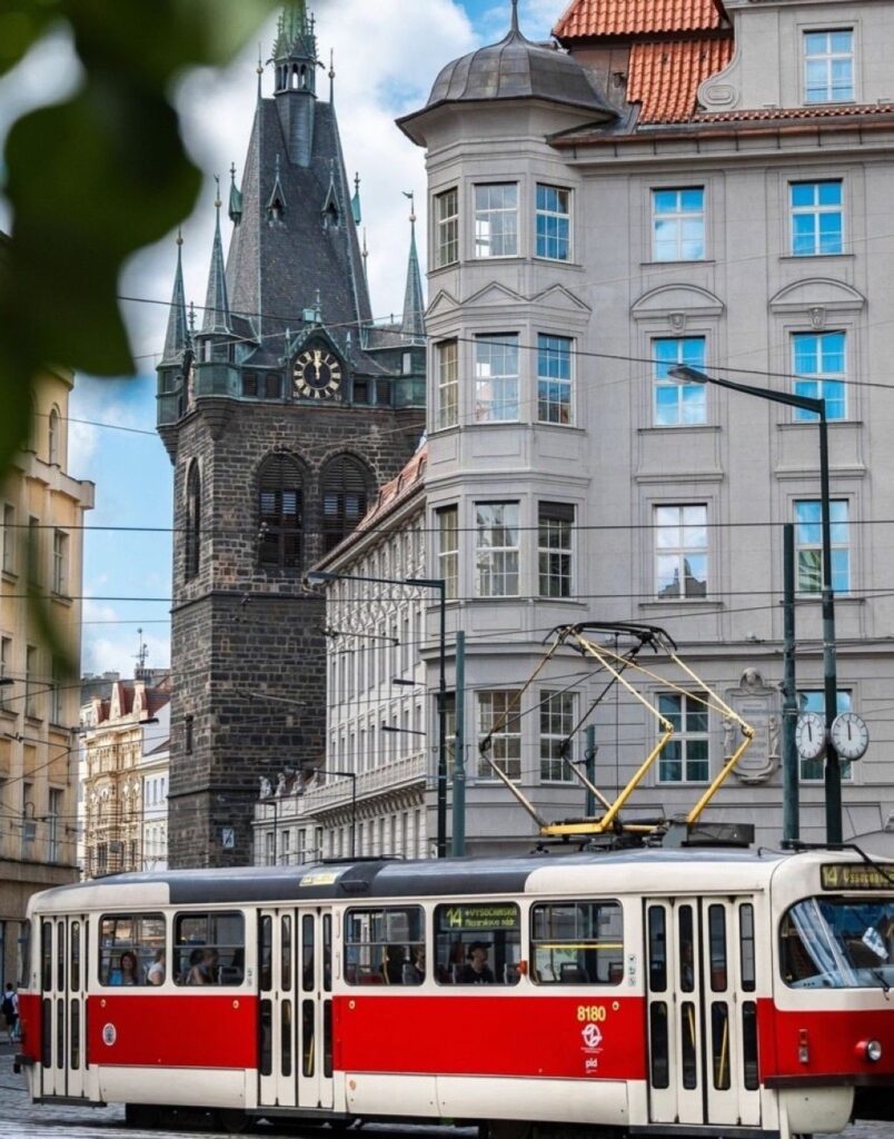 Prague's iconic buildings with a passing tram, Prague, Czechia, July 13, 2024. (Photo by Derya Taşbaşı)