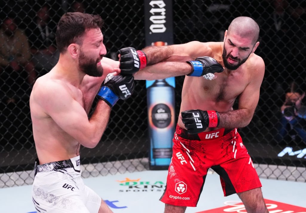 Afghanistan's Javid Basharat (L) fights against Canada's Aiemann Zahabi in a bantamweight bout during the UFC Fight Night event at UFC APEX, Las Vegas, Nevada, U.S., March 2, 2024. (Getty Images Photo)