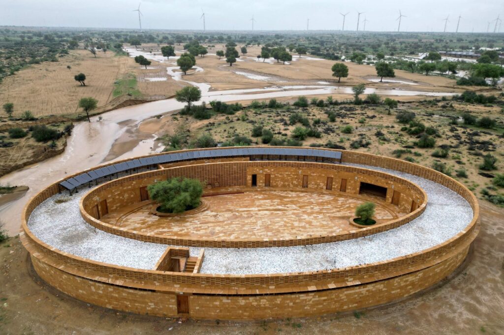 This aerial photo shows a view of Rajkumari Ratnavati Girls' School in Kanoi village near Jaisalmer, in India's desert state of Rajasthan, Aug. 6, 2024. (AFP Photo)