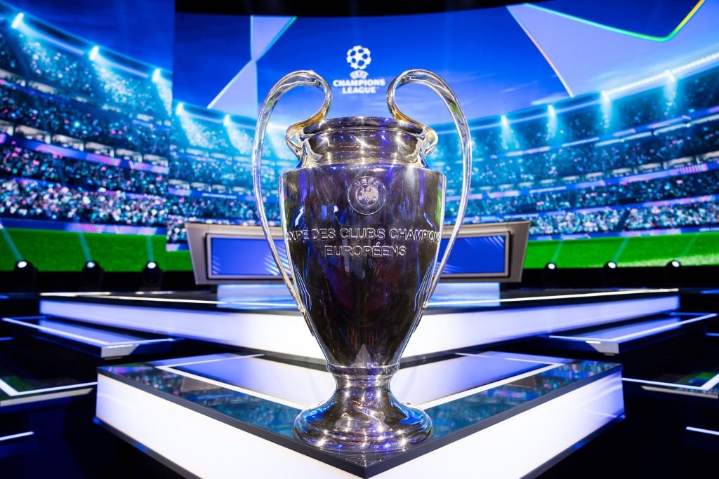 The UEFA Champions League trophy is seen on the stage ahead of the UEFA Champions League 2024/25 League Phase Draw at Grimaldi Forum, Monaco, Monaco, Aug. 28, 2024. (Getty Images Photo)