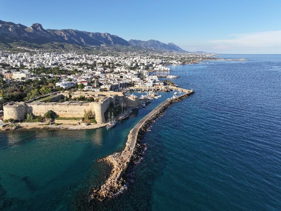 An undated aerial view of Girne (Kyrenia) Castle, a famous landmark in Girne, TRNC. (Sabah File Photo)