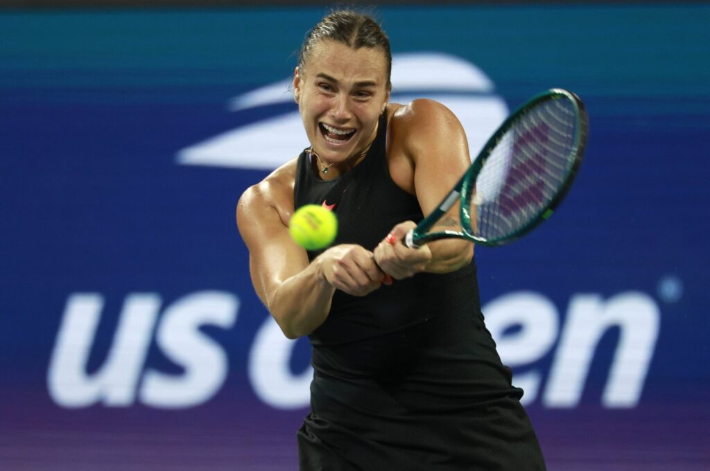 Belarus' Aryna Sabalenka in action against Belgium's Elise Mertens during their fourth round match at the U.S. Open Tennis Championships at the USTA Billie Jean King National Tennis Center in Flushing Meadows, New York, U.S., Sept. 2024. (EPA Photo)