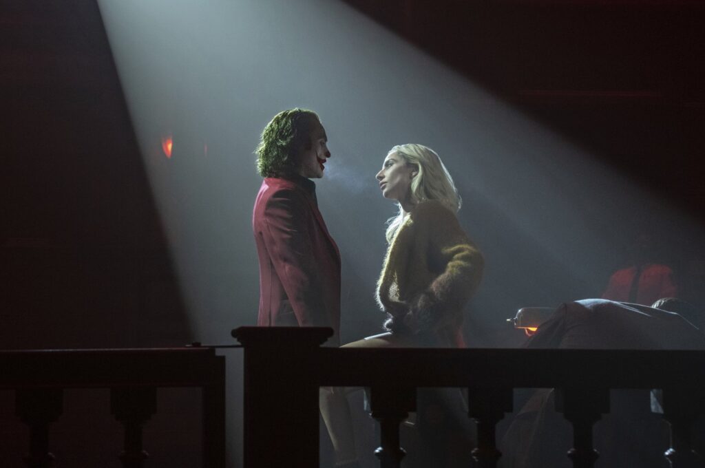 This image released by Warner Bros. Pictures shows Joaquin Phoenix (L) and Lady Gaga in a scene from "Joker: Folie a Deux." (AP Photo)