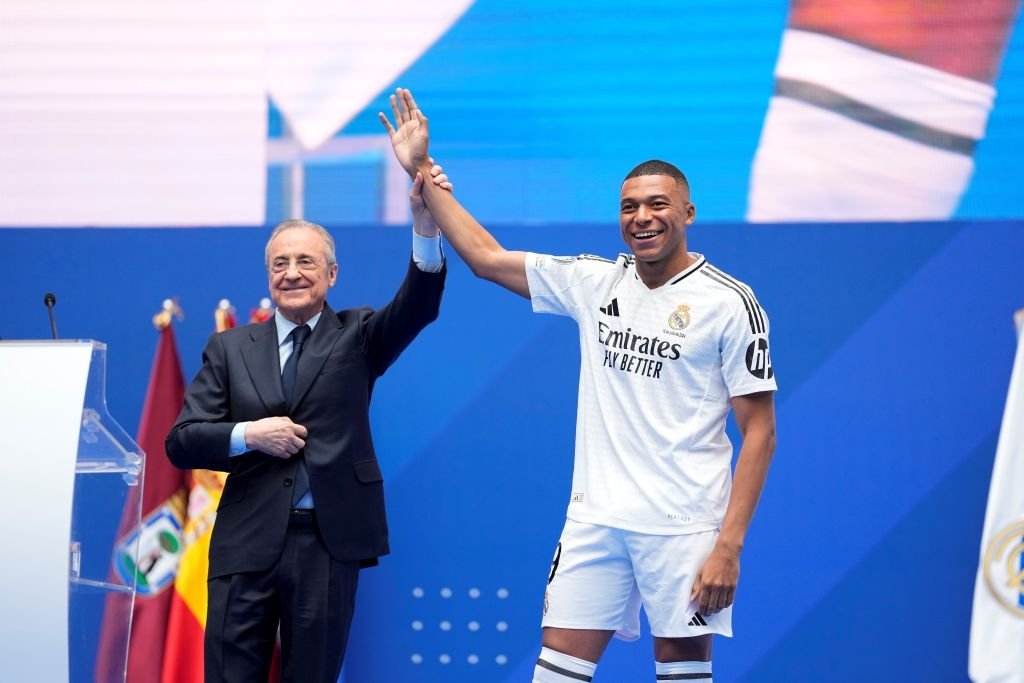 Real Madrid President Florentino Perez (L) and Kylian Mbappe during his presentation as a new player of Real Madrid at Santiago Bernabeu stadium, Madrid, Spain, July 16, 2024. (Getty Images Photo)
