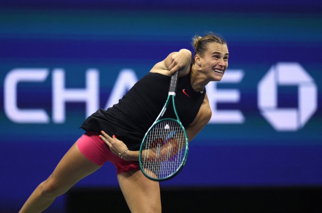 Belarus' Aryna Sabalenka returns a shot against Zheng Qinwen of China during their Women's Singles Quarterfinal match on Day Nine of the 2024 US Open at USTA Billie Jean King National Tennis Center, New York, U.S., Sept. 3, 2024. (AFP Photo)