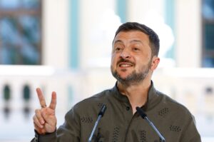 Ukrainian President Volodymyr Zelenskyy speaks during a joint news conference with Polish President Andrzej Duda and Lithuanian Prime Minister Ingrida Simonyte (not pictured), amid Russia's attack on Ukraine, on the country's Independence Day, Kyiv, Ukraine, Aug. 24, 2024. (Reuters Photo)