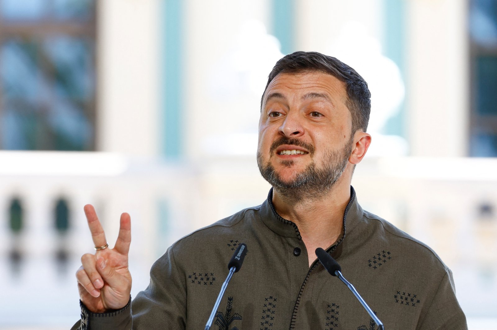 Ukrainian President Volodymyr Zelenskyy speaks during a joint news conference with Polish President Andrzej Duda and Lithuanian Prime Minister Ingrida Simonyte (not pictured), amid Russia's attack on Ukraine, on the country's Independence Day, Kyiv, Ukraine, Aug. 24, 2024. (Reuters Photo)