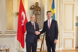 Trade Minister Ömer Bolat (L) shakes hands with Sweden's Minister for International Development Cooperation and Foreign Trade Johan Forssell in Stockholm, Sweden, Sept. 3, 2024. (DHA Photo)