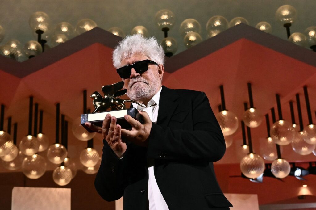 Spanish director Pedro Almodovar poses with the Golden Lion for Best Film he received for "The Room Next Door" during a photocall following the award ceremony of the 81st Venice Film Festival, Venice Lido, Italy, Sept. 7, 2024. (AFP Photo)