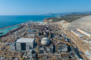 An aerial view of the construction site of the Akkuyu Nuclear Power Plant (NPP) in southern Mersin province, Türkiye, Sept. 3, 2024. (DHA Photo)