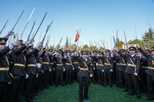 Graduating students perform a sword oath at a recent Military Academy graduation in the capital of Ankara, Türkiye, Aug. 30, 2024. (AA Photo)