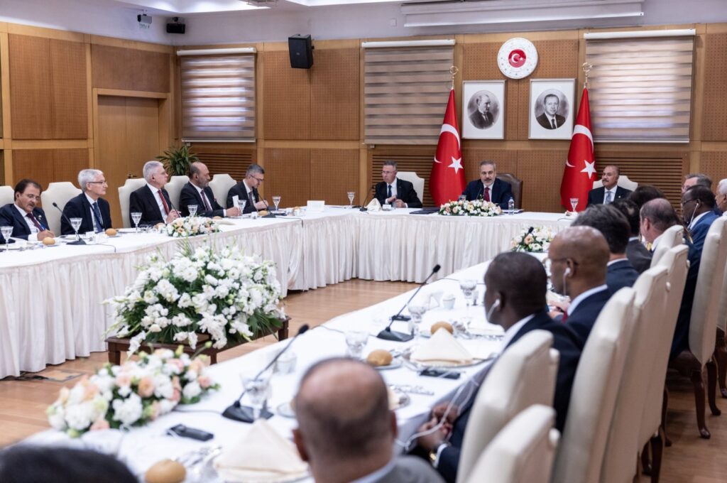 Foreign Minister Hakan Fidan speaks at the meeting with Arab League member states' ambassadors, Ankara, Türkiye, Aug. 7, 2024. (AA Photo)