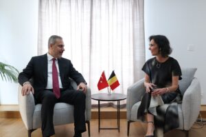 Foreign Minister Hakan Fidan (L) meets with Belgian counterpart Hadja Lahbib on the sidelines of the Gymnich meeting in Brussels, Belgium, Aug. 29, 2024. (AA Photo)