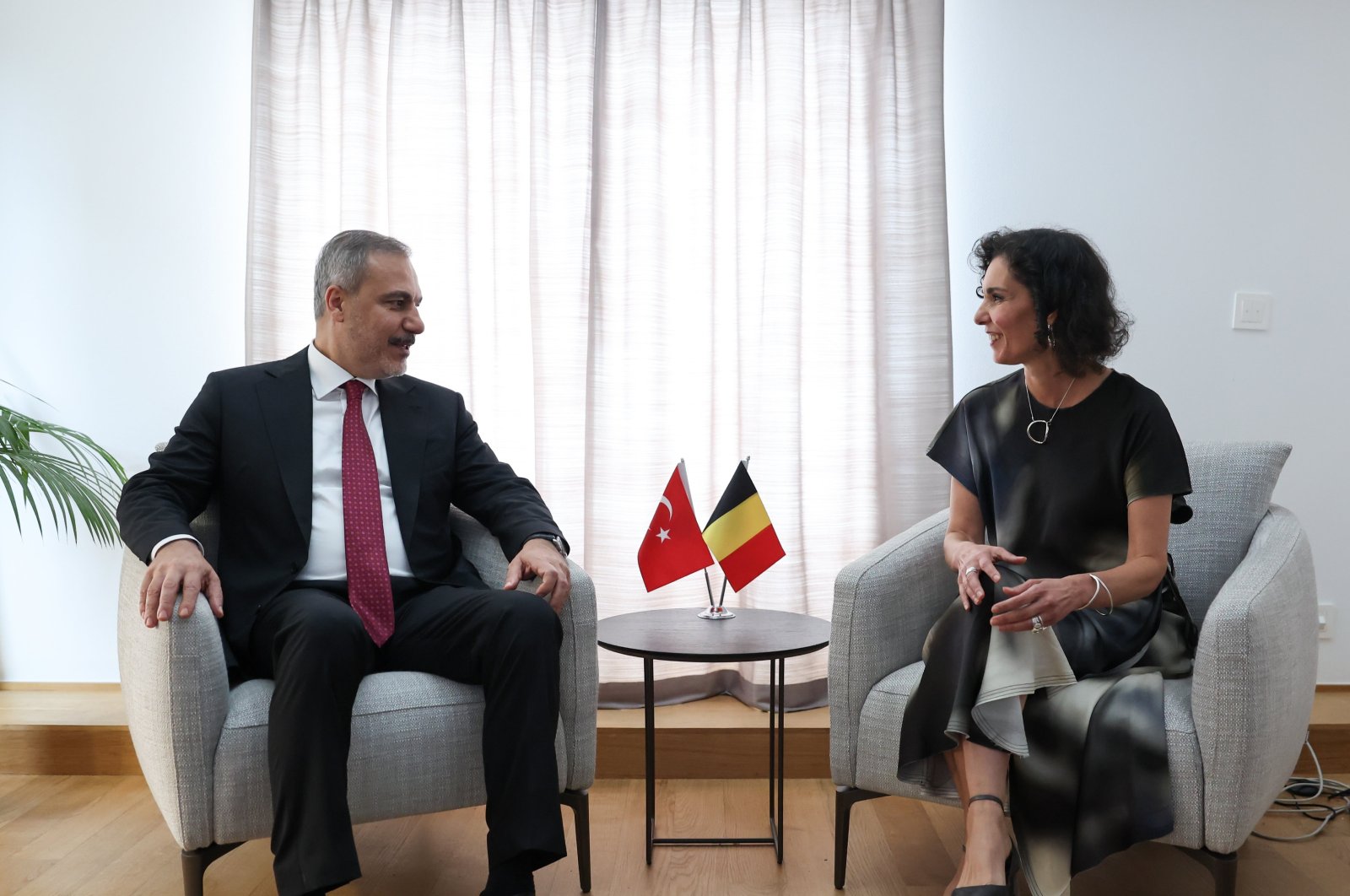 Foreign Minister Hakan Fidan (L) meets with Belgian counterpart Hadja Lahbib on the sidelines of the Gymnich meeting in Brussels, Belgium, Aug. 29, 2024. (AA Photo)