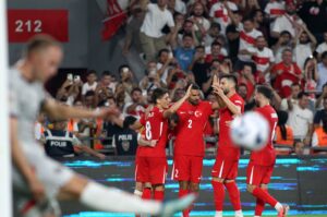Players of Türkiye celebrate after scoring the 3-1 goal during the UEFA Nations League group B match between Türkiye and Iceland in Izmir, Sept. 9, 2024. (EPA Photo)