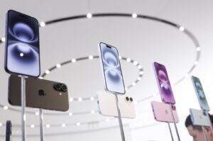 A display of the new Apple iPhone 16 models at Apple's "Glowtime" product launch event on the campus of Apple Park in Cupertino, California, U.S., Sept. 9, 2024. (EPA Photo)