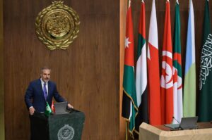 Foreign Minister Hakan Fidan addresses an Arab League Foreign Ministers meeting at the organization's headquarters, Cairo, Egypt, on Sept. 10, 2024. (AFP Photo)