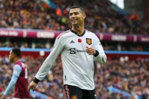 Manchester United's Cristiano Ronaldo reacts during the Premier League match at Villa Park, Birmingham, U.K., Nov. 6, 2022. (Getty Images Photo)