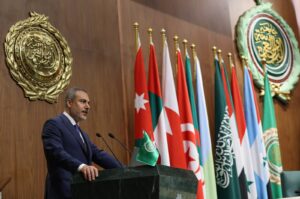Foreign Minister Hakan Fidan addresses an Arab League Foreign Ministers meeting at the organization's headquarters in Cairo, Egypt, on Sept. 10, 2024. (AFP Photo)