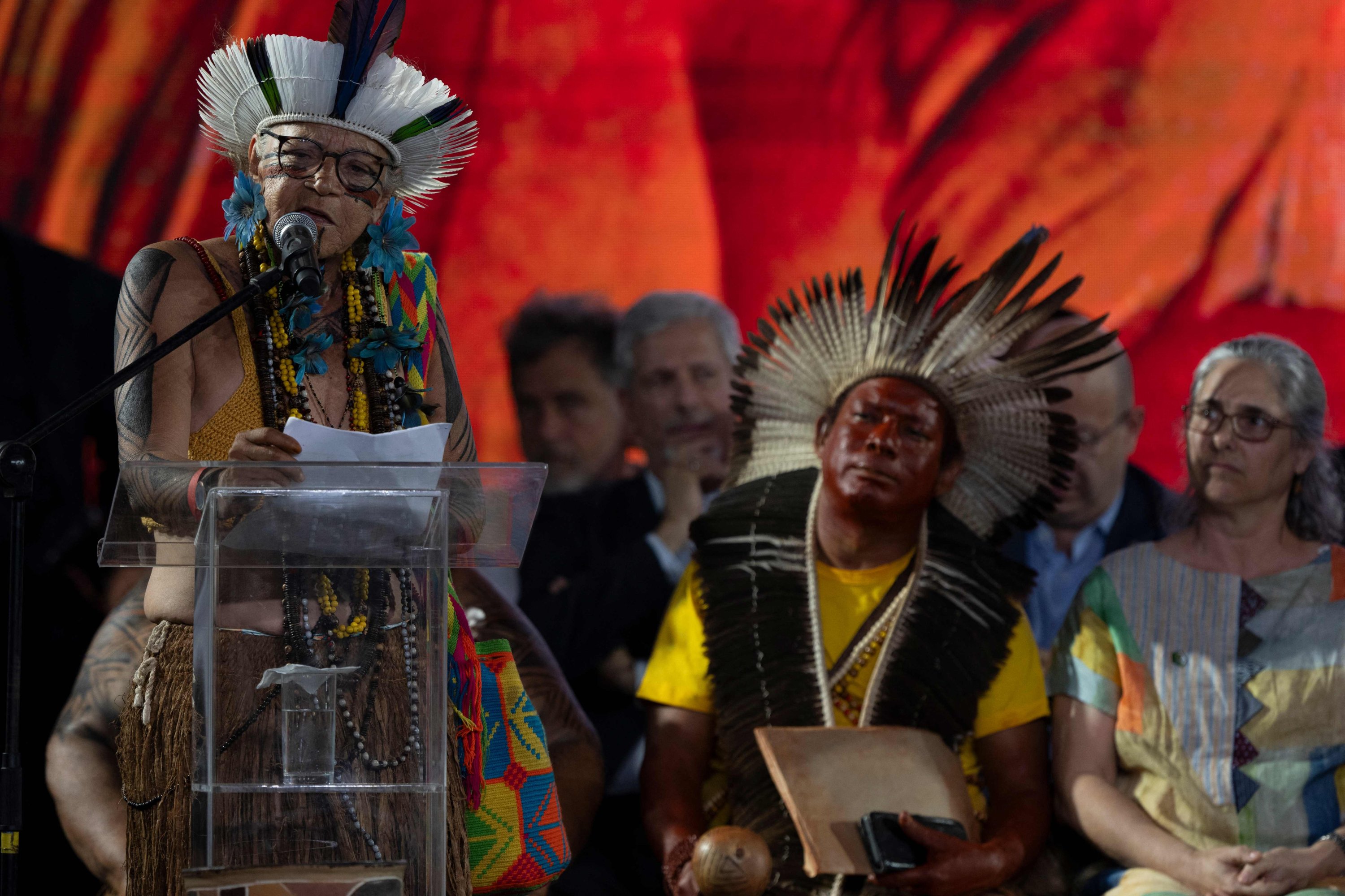 345772 Representative of the Tupinamba people, Yakuy Tupinambar, delivers a speech during the official presentation of the Tupinamba cloak at Quinta de Boa Vista Park, Rio de Janeiro, Brazil, Sept. 12, 2024. (AFP Photo)