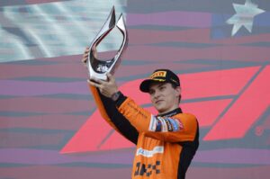 McLaren's Oscar Piastri celebrates with the trophy after winning the Azerbaijan Grand Prix, Baku, Azerbaijan, Sept. 15, 2024. (Reuters Photo)