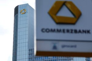 A logo of the bank is seen next to the headquarters of Commerzbank one day ahead of the bank rejoining Germany's share price index DAX in Frankfurt, Germany, Feb. 26, 2023. (Reuters Photo)
