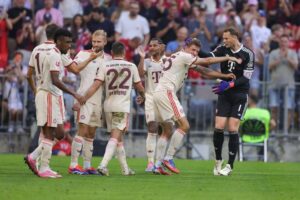 Bayern Munish players celebrate the team's second goal during the Bundesliga match against Sport-Club Freiburg at Allianz Arena, Munich, Germany, Sept. 1, 2024. (Getty Images Photo)