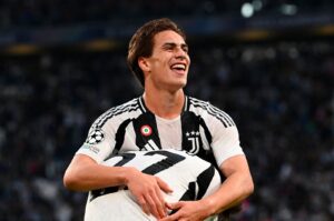 Juventus' Turkish forward Kenan Yildiz celebrates scoring his team's first goal during the UEFA Champions League match against PSV Eindhoven, Turin, Italy, Sept. 17, 2024. (AFP Photo)