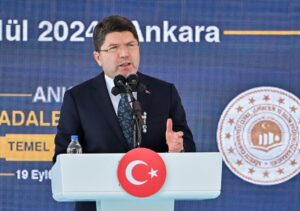 Justice Minister Yılmaz Tunç speaks at the groundbreaking ceremony for a new courthouse, Ankara, Türkiye, Sept. 19, 2024. (DHA Photo)
