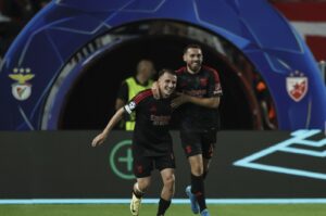 Benfica's Orkun Kökçü (R) celebrates after scoring a goal with Kerem Aktürkoğlu during the UEFA Champions League 2024/25 League Phase MD1 match against Red Star Belgrade at Stadion Rajko Mitic, Belgrade, Serbia, Sept. 19, 2024. (Getty Images Photo)