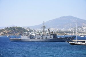 The TCG Gaziantep frigate of the Naval Forces Command off the coast of Bodrum, Muğla, southwestern Türkiye, Aug. 30, 2024. (AA Photo)