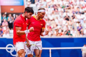 Team Spain's Carlos Alcaraz (L) with partner Rafael Nadal in action during the match against Team Netherlands' Tallon Griekspoor and Wesley Koolhof at the Olympic Games Paris 2024 at Roland Garros, Paris, France, July 30, 2024. (Getty Images Photo)