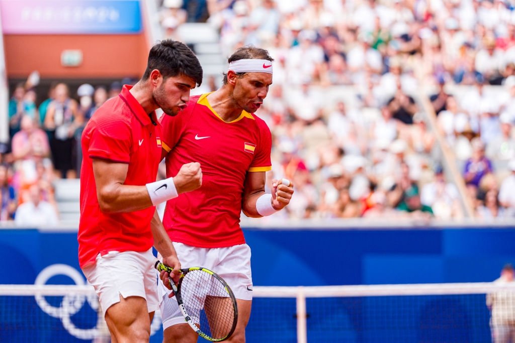 Team Spain's Carlos Alcaraz (L) with partner Rafael Nadal in action during the match against Team Netherlands' Tallon Griekspoor and Wesley Koolhof at the Olympic Games Paris 2024 at Roland Garros, Paris, France, July 30, 2024. (Getty Images Photo)