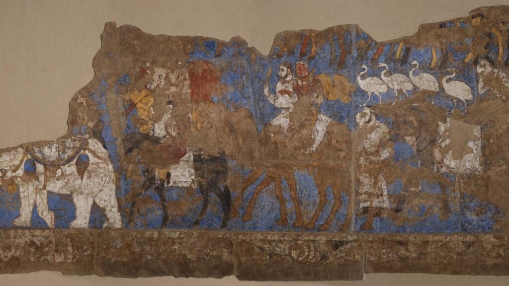 Section of the wall painting from the south wall of the ‘Hall of the Ambassadors,’ B.C. 660s, Afrasiab (Samarkand), Uzbekistan. (Courtesy of British Museum)