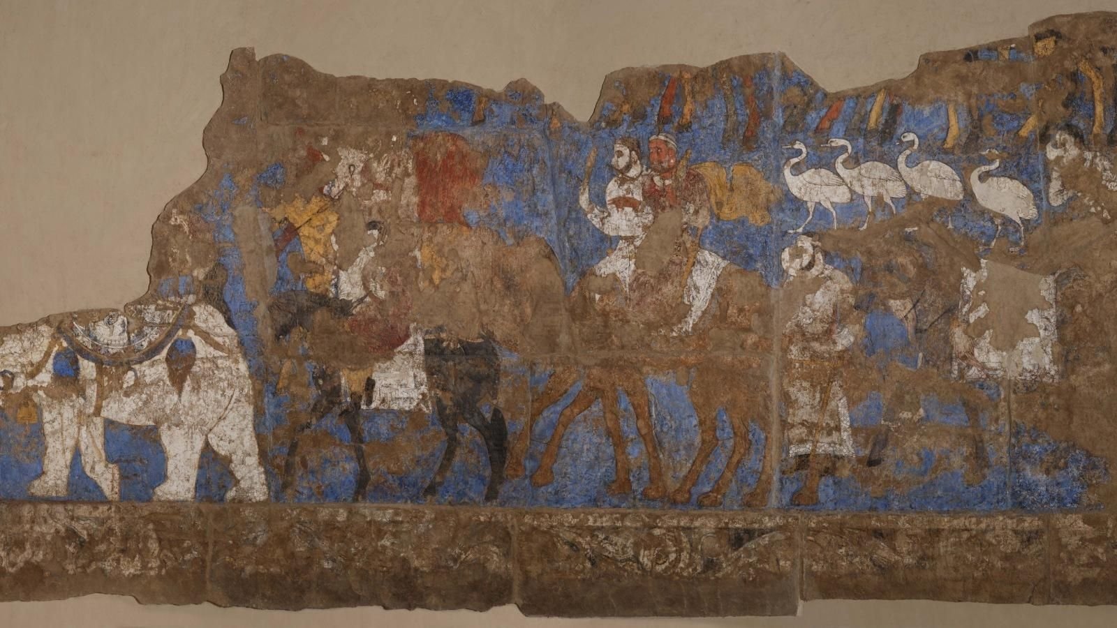 Section of the wall painting from the south wall of the ‘Hall of the Ambassadors,’ B.C. 660s, Afrasiab (Samarkand), Uzbekistan. (Courtesy of British Museum)