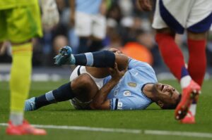 Manchester City's Rodri reacts after sustaining an injury during the Premier League match against Arsenal at the Etihad Stadium, Manchester, U.K., Sept. 22, 2024. (Reuters Photo)