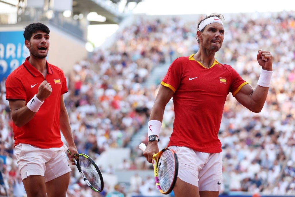 Team Spain's Carlos Alcaraz (L) with partner Rafael Nadal in action during the match against Team Netherlands' Tallon Griekspoor and Wesley Koolhof at the Olympic Games Paris 2024 at Roland Garros, Paris, France, July 30, 2024. (Getty Images Photo)