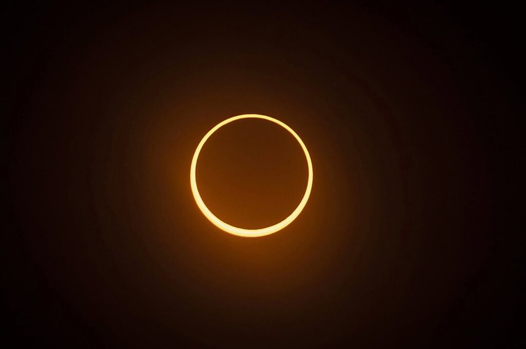 The "ring of fire" annular eclipse during the Albuquerque International Balloon Fiesta in Albuquerque, New Mexico, U.S., Oct. 14, 2023. (AP Photo)
