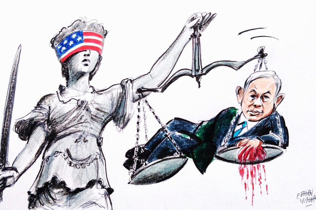 "A pressure mechanism is in place, led by the U.S., to prevent the ICC from issuing an arrest warrant for Netanyahu and Gallant." (Illustration by Erhan Yalvaç)