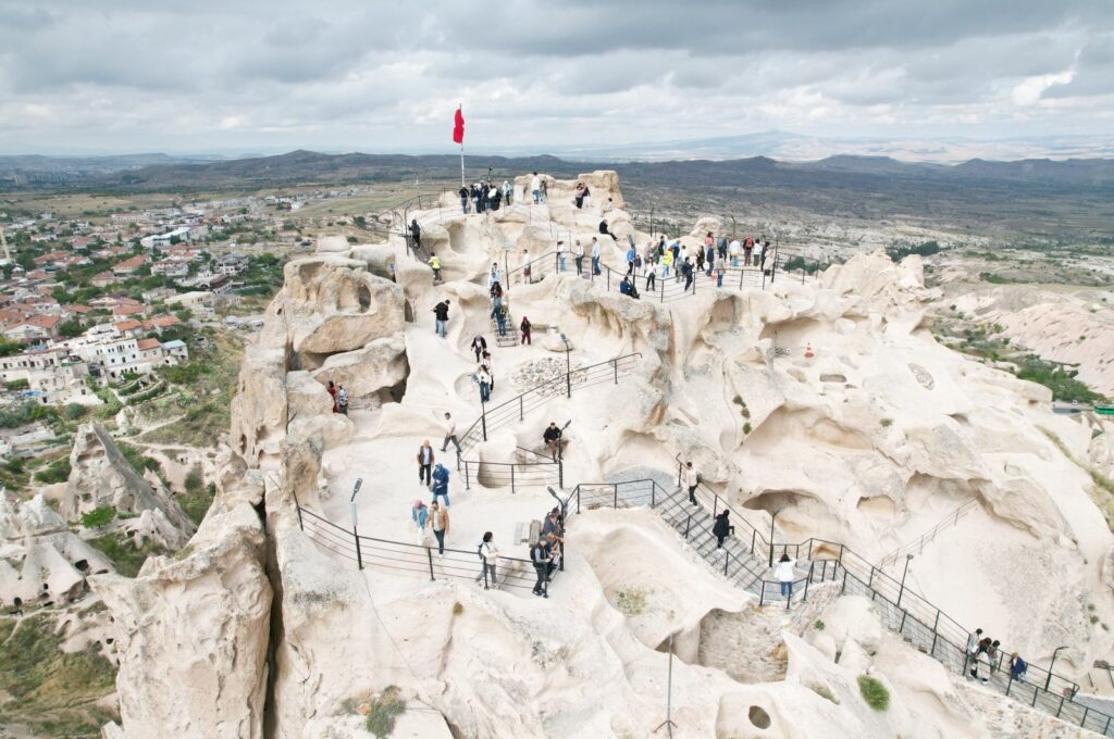 An aerial view shows visitors at the top of the Uçhisar Castle, Cappadocia, Türkiye, Oct. 2, 2024. (IHA Photo)