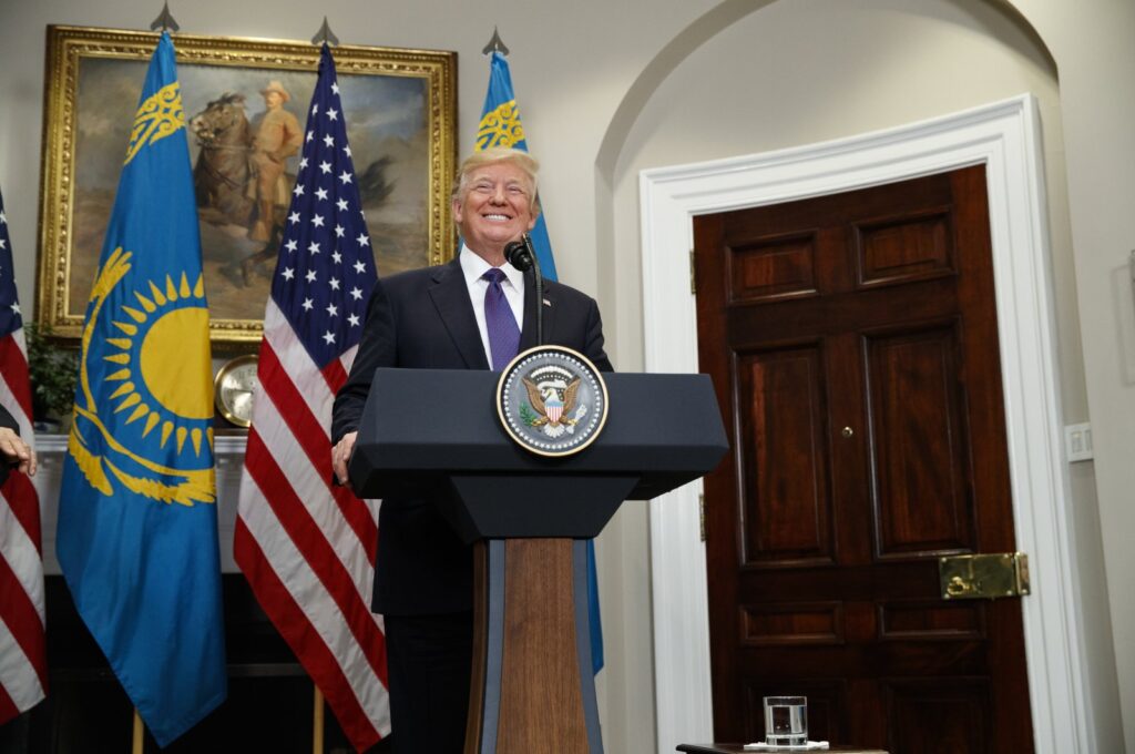 U.S. President Donald Trump delivers a statement with Kazakhstan's President Nursultan Nazarbayev in the Roosevelt Room of the White House, Washington, U.S., Jan. 16, 2018. (AP Photo)